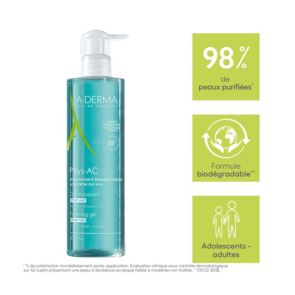 Phys-AC Gel moussant nettoyant purifiant peaux grasses à tendance acnéique 400 ml