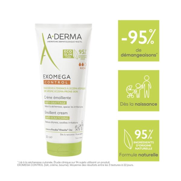 Exomega Control Crème émolliente anti-démangeaisons Peaux sèches à tendance à l'eczéma atopique 200 ml