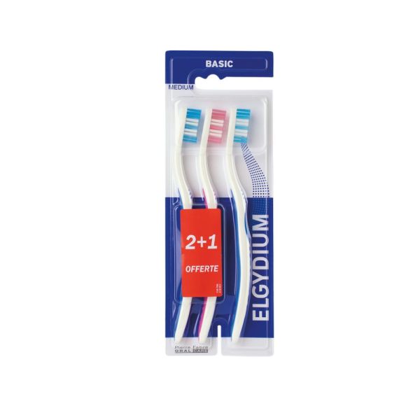 Elgydium - Brosse à dent Basic médium - Offre spéciale trio